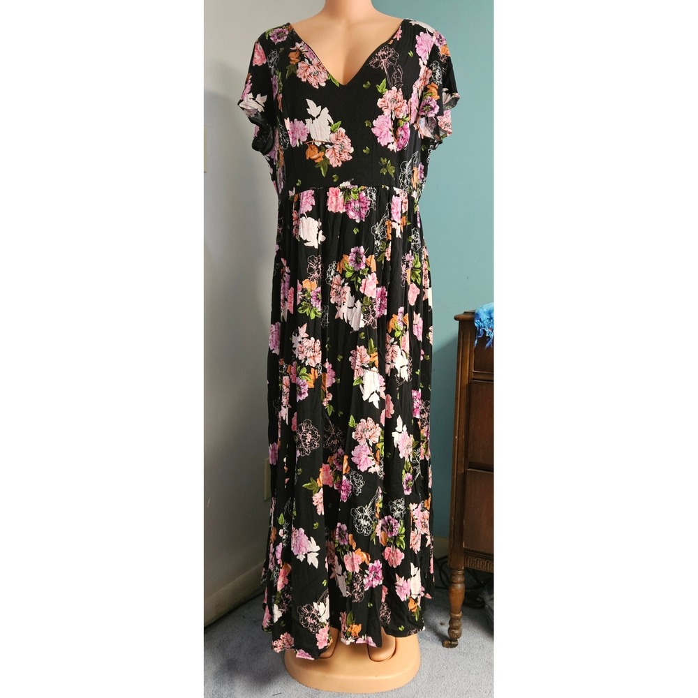 Torrid Floral Maxi Dress Womens 2 Black Pink V-Neck Short Sleeve Empire Waist - Picture 2 of 14